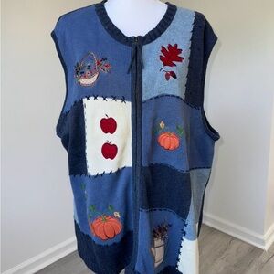 Vintage Southern‎ Lady Fall Embroidered Sweater Vest Zip Patchwork Pumpkins 2X